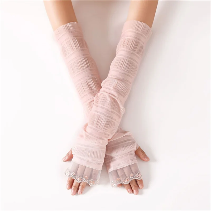 Pink Sparsil Ladies Summer Lace Solid Long Gloves Thin Breathable Sunscreen Driving Sleeve Mittens Elegant Fingerless Female Gloves - Цвет: Pink