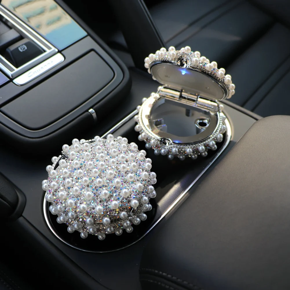 White Rhinestone LED Light Ashtray Auto Travel Cigarette Ash Holder Cup Bling