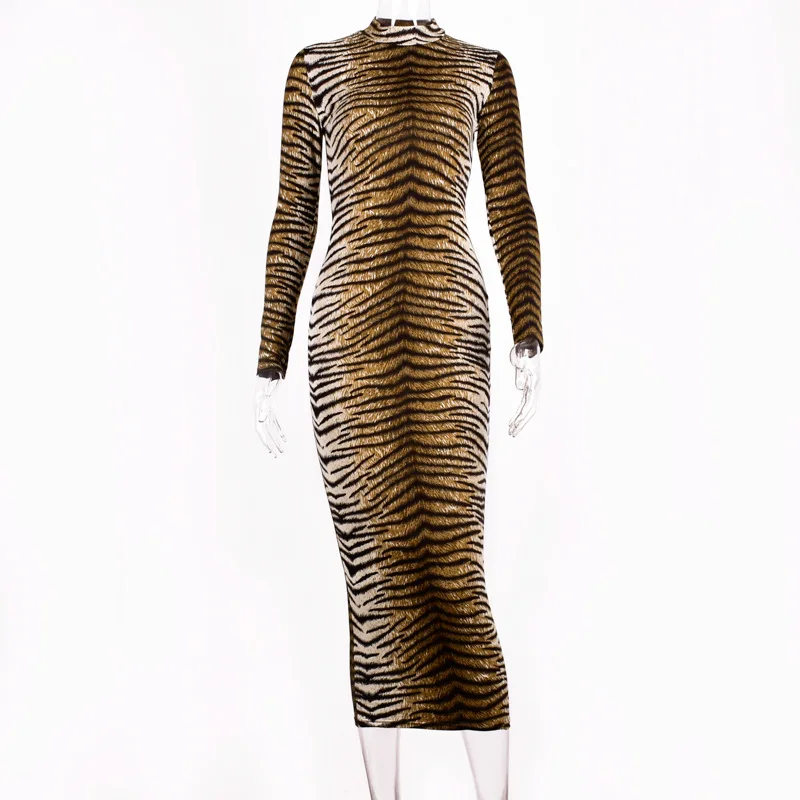 WannaThis Leopard Print Long Sleeve Slim Bodycon Sexy Dress Autumn2019 Women Streetwear Party Elastic Knee-Length Long Dresses