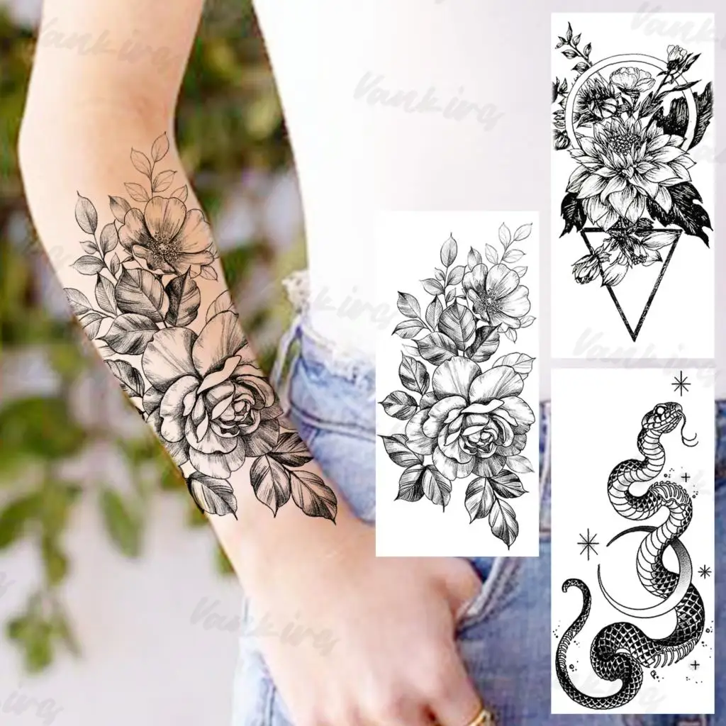 

Peony Temporary Tattoos For Women Adults Realistic Geometric Snake Flora Fake Tattoo Sticker Forearm Back Tatoos Summer Style