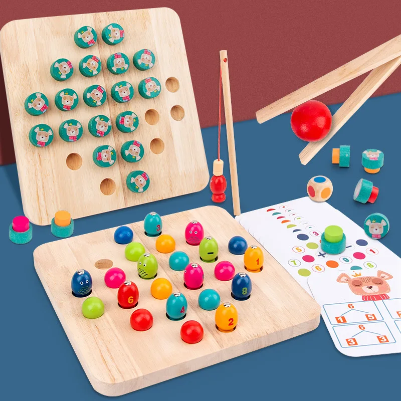 

Four in one Multifunctional toys for children Montessori Fish Wooden Fishing&Hand Movement Training Clip Bead Color Cognition