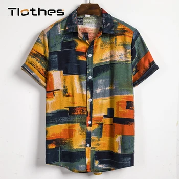 

Fashion Contrast Color Block Graffiti Print Hawaiian Shirt Men Short Sleeve Casual Beachwear Aloha Shirts Summer Loose M-5XL