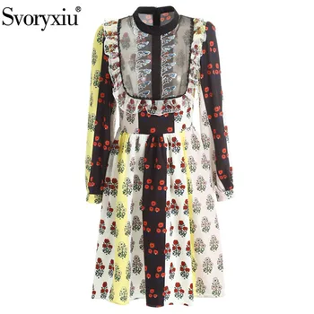 

Svoryxiu Elegant Color Matching Flower Printed Lace Embroidery Dress Women's Long Sleeve Stand Collar Runway Autumn Dress
