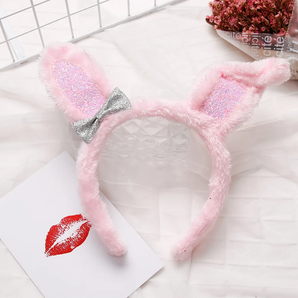

12pcs Fashion Cute Bow Glitter Rabbit Ears Hairbands Fur Bunny Ears Hair Sticks Easter Headwear Princess Girls Hair Accessories