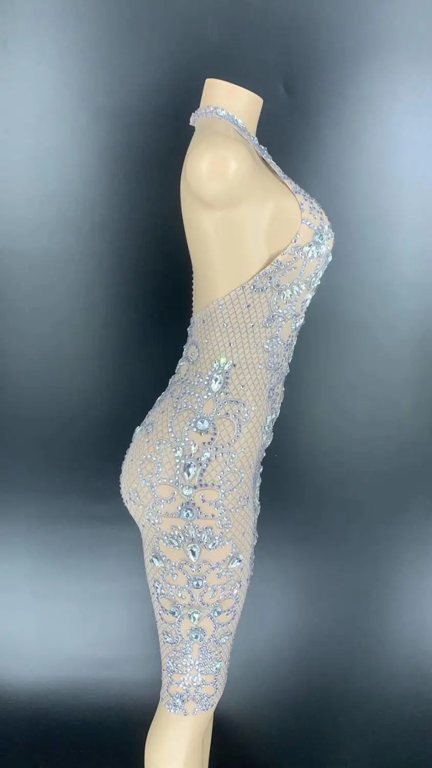 Sexy Mesh See Through Party Crystal Dress Women