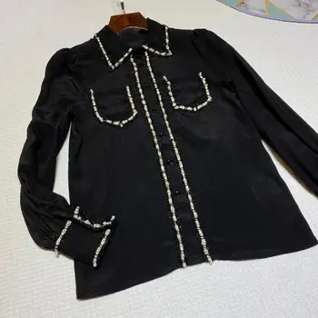 

2020FW autumn fashion women pearl silk shirt blouse ladies long sleeve blouse tops 2 color gdnz 9.20