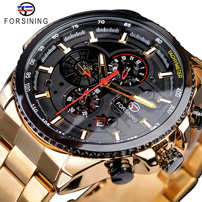GMT1137-2 Forsining, лидер продаж, механические Автоматические Мужские часы, черные, нержавеющая сталь, водонепроницаемые, с календарем, 3 циферблата, модные, деловые, мужские часы - Цвет: GMT1137-2