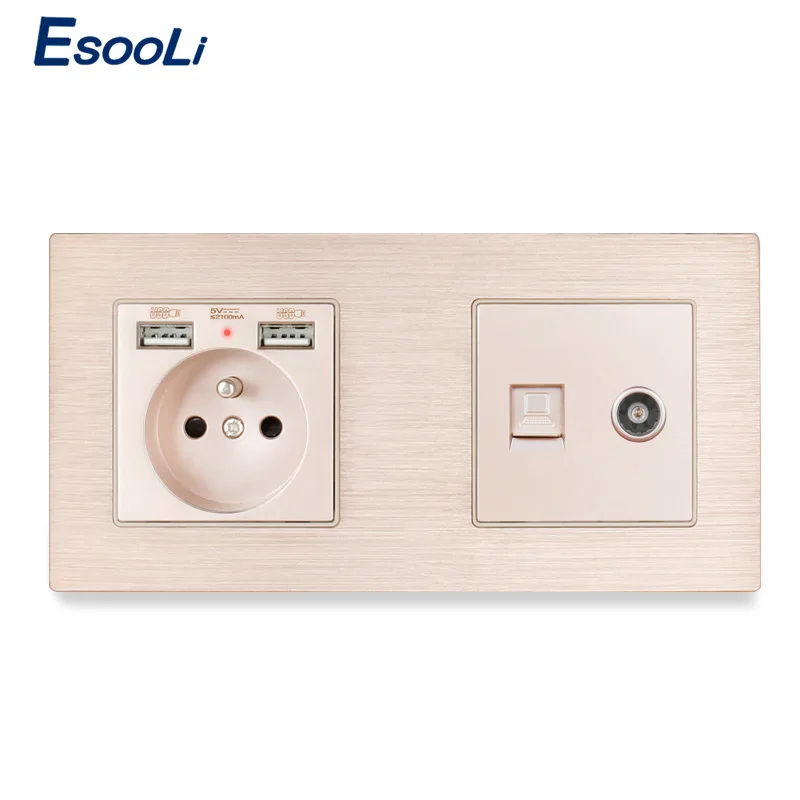 172 Gold Socket Esooli Французский Алюминиевый металлический панельный разъем с USB RJ45 Интернет-данных компьютерный разъем с женским ТВ розетка настенная розетка - Тип: 172 Gold Socket
