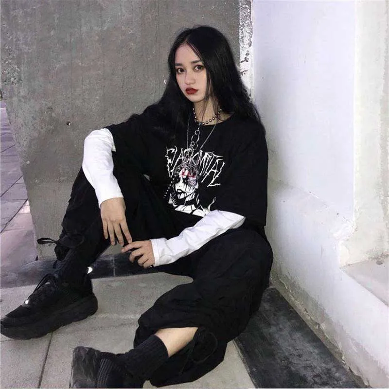 NiceMix Harajuku, Темная футболка с мультяшным принтом, Поддельные 2 штуки, пэчворк, Повседневная футболка с длинным рукавом, женская и Мужская Уличная одежда, топы