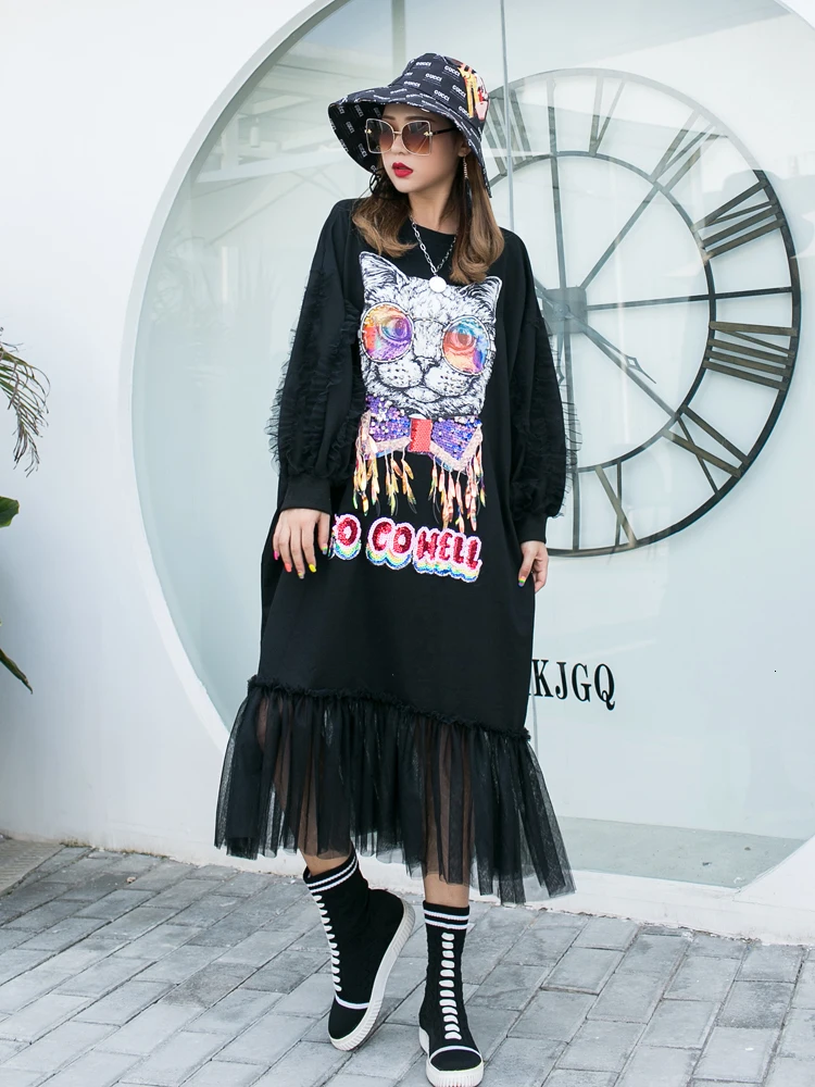 QING MO Autumn Winter Sweatshirt Dress Women Cat Animal Pattern Sequin Dress Patchwork Women Black Tassel Dress ZQY1330