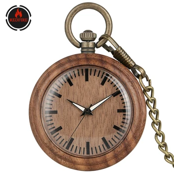 

REDFIRE Coffee Brown Walnut Wooden Pocket Watch Quartz Movement Simple Analog Retro Pendant Watch Vintage Clock Gifts Unisex