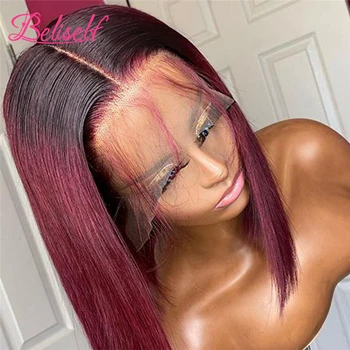 Short Bob 4×4 Lace Closure Wig 1B 99J Straight Burgundy Lace Front Wig Human Hair Brazilian Remy Hair Ombre Wine Red 180 Density 2