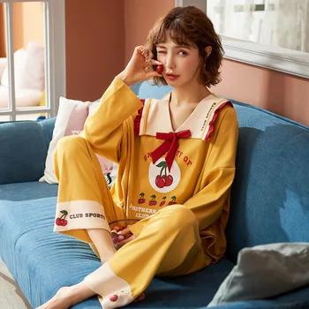 

QUEENX sleepwear Women's pajamas Pajamas Women's Cotton Long-Sleeved Thin Spring and Autumn Japanese Students Cute home suit