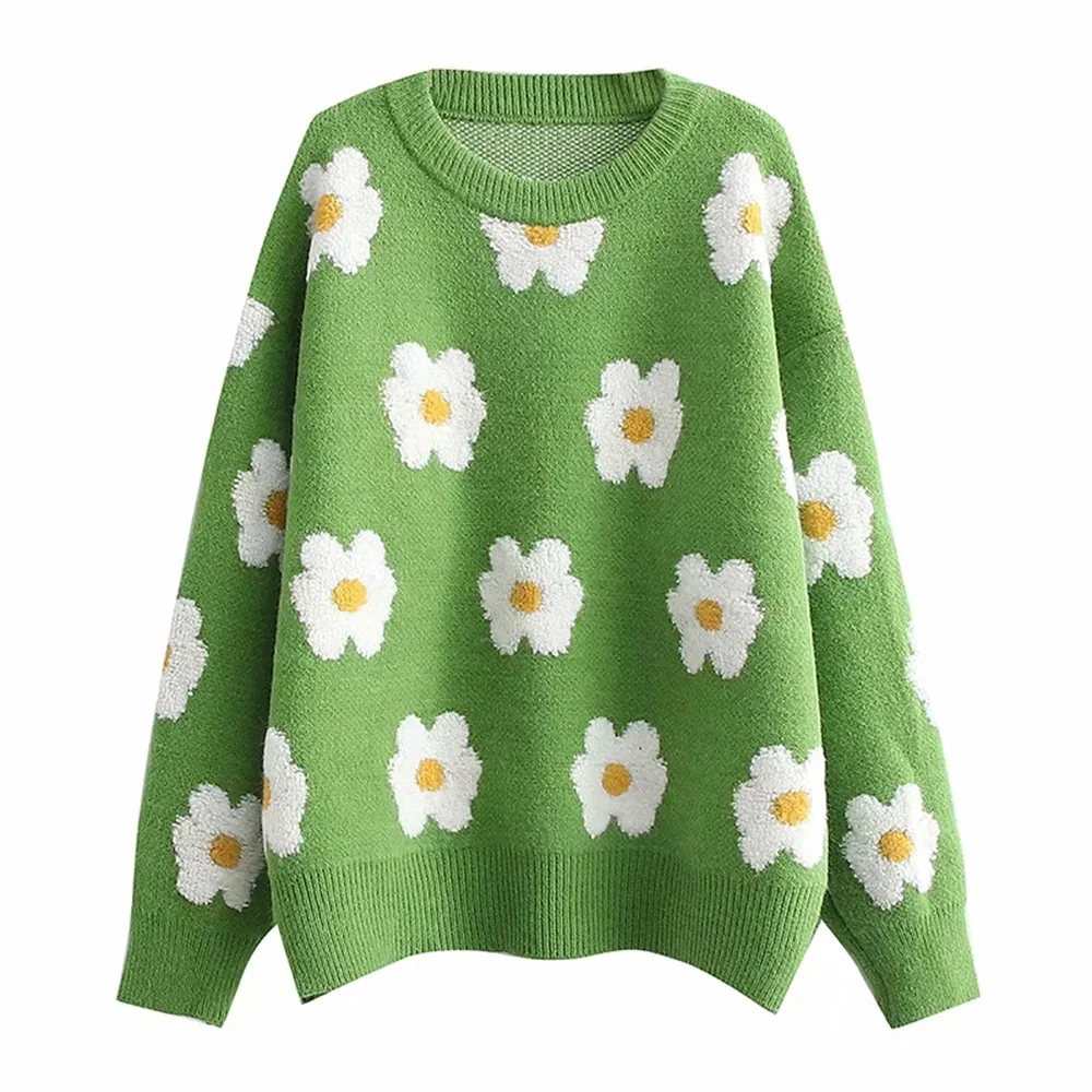

XIKOM 2021 Autumn Women Floral O Neck Prairie Chic Knitted Pullover Female Vintage Oversize Casual Ladies Knitted Sweater Top