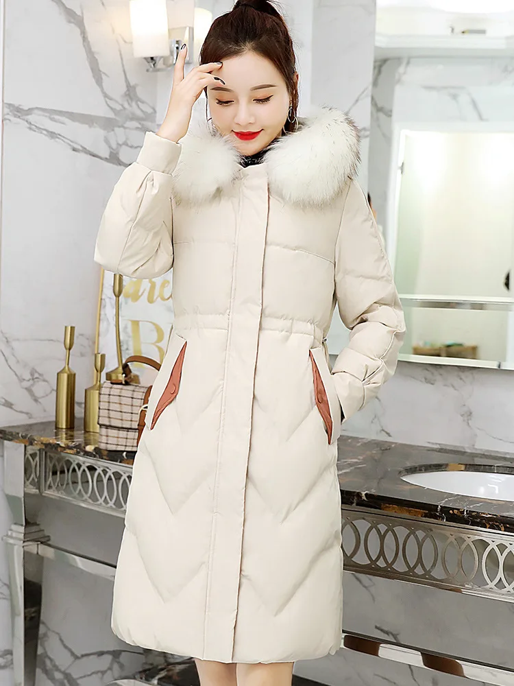 

Cotton-padded Clothes Women's Mid-length 2018 Winter New Style Korean-style Slimming Waist Hugging Hooded Genuine Fur Collar Cot