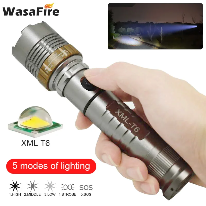 

Super Bright 2300 Lumens Tactical LED Flashlight Zoomable Self Defense Stick Torch Lamp Portable Hunting Camping Hiking Lantern