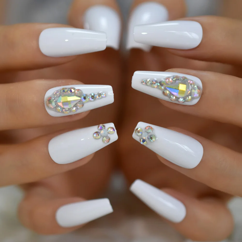 Glossy Big Fake Diamond Rhinestone With Design Full Cover Nails 2021 Press  On Nails Coffin Medium Supplies For Professionals Set - AliExpress Beauty &  Health