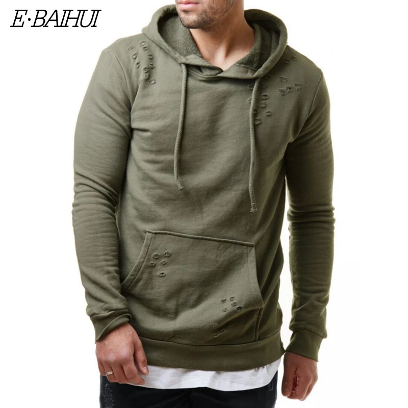 

E-BAIHUI fashion men streetwear hoodies hip hop autumn winter Solid color casual hole hoodies men's side zipper sweatshirts K09