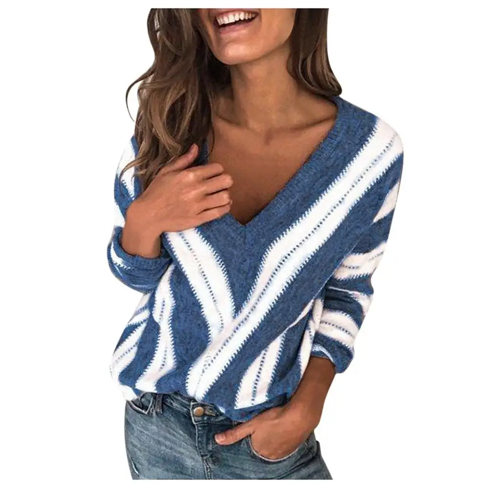 New Women Deep V Striped Thin Sweater Autumn Knitwear Tops Casual Long Sleeve Shirt Jumper Pull Femme Knitted Pullover Blusas - Цвет: Синий