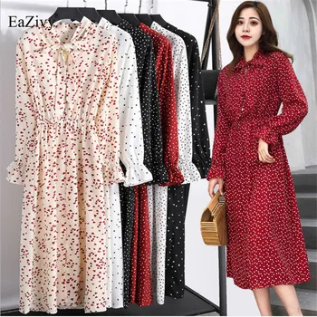 

EaZivy Korean Vestidos Polka Dot Vintage Long sleeve Dresses Women Winter Dress 2019 Chiffon Long Dress Floral Dress Female