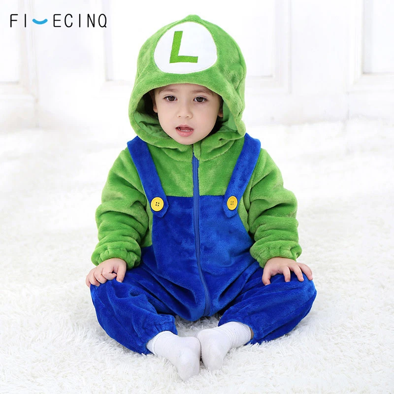 Baby Costume Mario Luigi Cosplay Costumes Little Boy Girl Warm Sleepwear Jumpsuit Hooded Anime Halloween Festival Gift Kids Suit