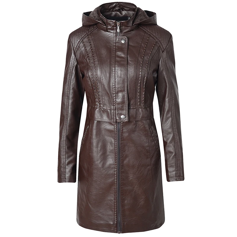 Женское пальто из искусственной кожи с капюшоном на осень и зиму, теплая Повседневная приталенная куртка с длинным рукавом, женский длинный пиджак для улицы размера плюс
