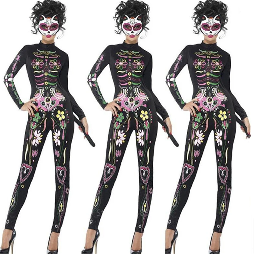 Skeleton Costume Women Halloween Dress Disguise Witch Day of The Dead Jumpsuit Horror Bride Cosplay Carnival Party Vampire Fancy