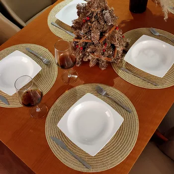 

Round Braided Placemats Set of 6 Weave Table Mats 15 inch/38CM Cotton Washable Pad For Dinner kitchen Holiday Party