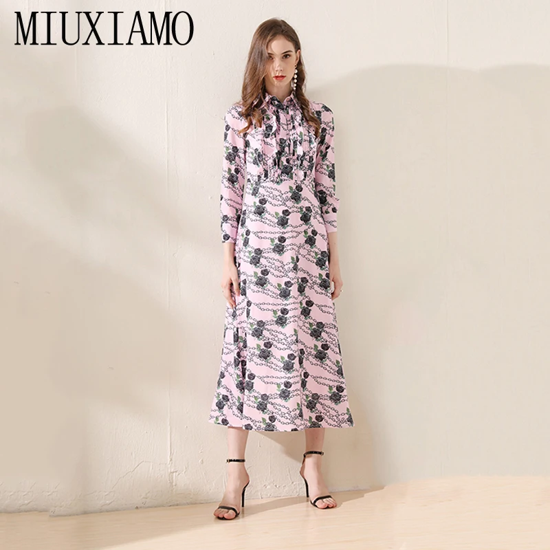 

MIUXIMAO Custom Plus Size Party Dress Fall Dress Flower Print Full Sleeve Elegant Casual Long Dress Women vestidos