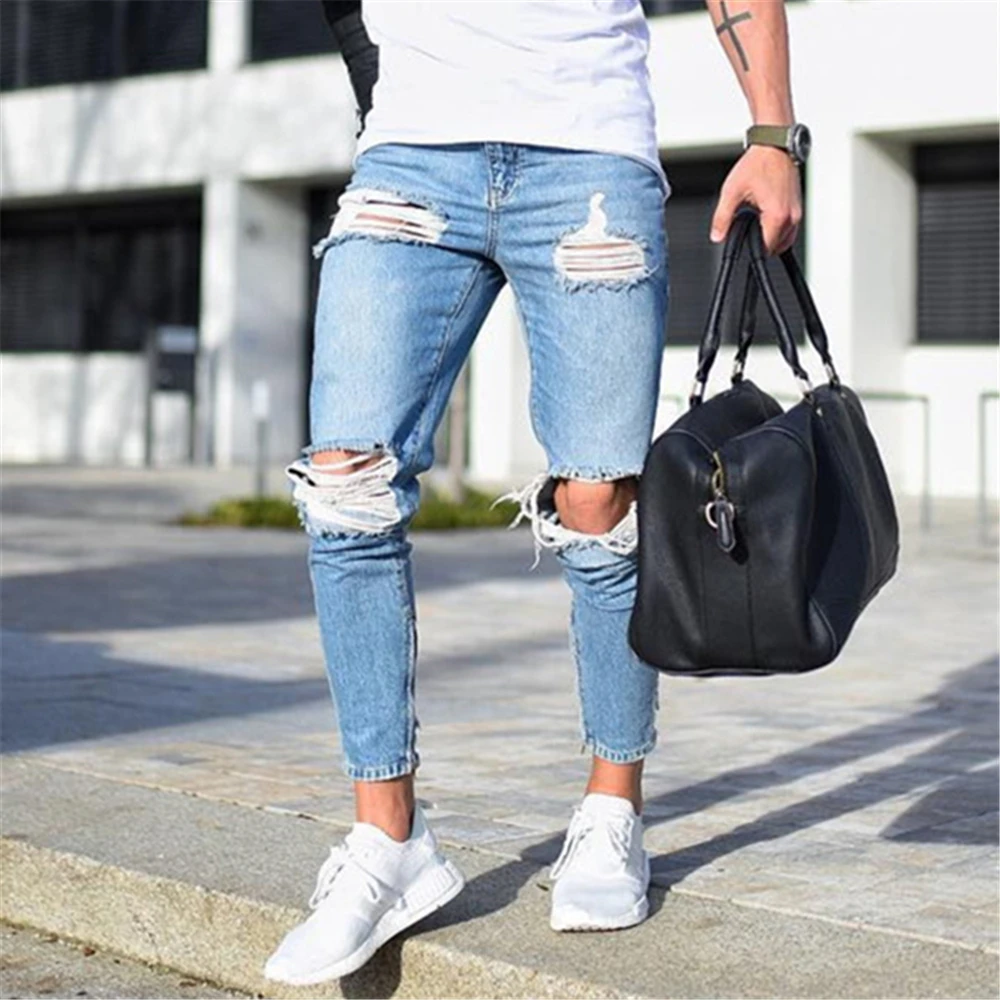 2020 pantalones vaqueros con agujero azul claro pantalones vaqueros para hombre Skinny Slim rasgados desgastados plisados agujero en la rodilla pantalones vaqueros de talla grande para hombres