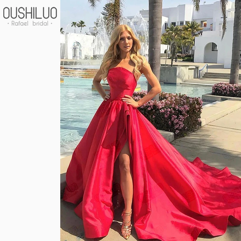 Sexy Strapless Layered Red Long Prom Dresses with High Slit, Red