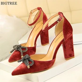 

BIGTREE Elegant Butterfly-knot Pointed Woman Sandals Buckle Solid Flock Shallow High Heels Sandals Women Sexy Shoes
