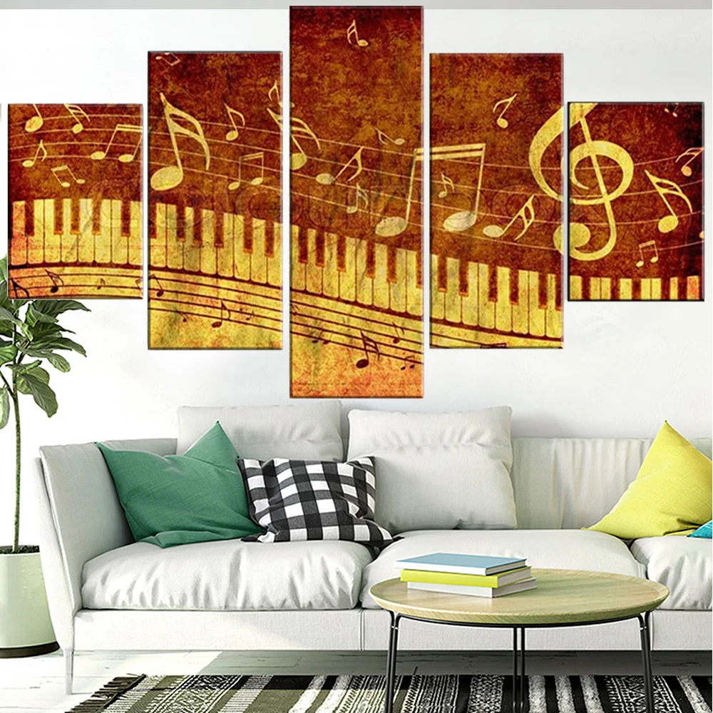 

5 Pieces Wall Art Canvas Painting Piano Keys Musical Notes Poster Modern Home Decoration Living Room Bedroom Modular Framework