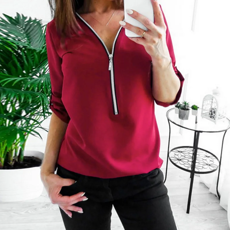 Zipper Short Sleeve Women Shirts Sexy V Neck Solid Women Top Blouses Casual Tee Shirt Tops Female Clothes Plus Sizes