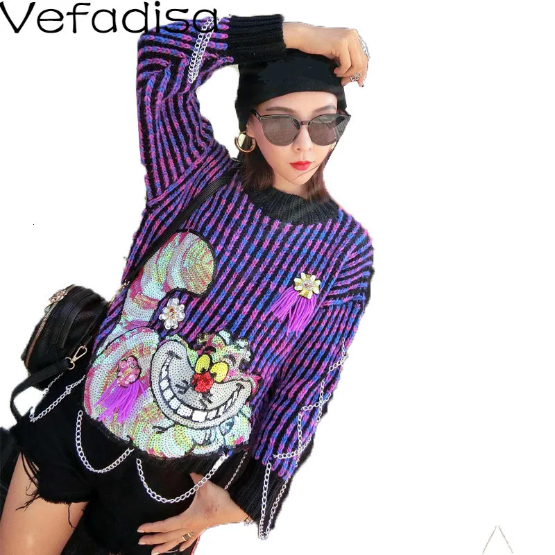 Vefadisa осенне-зимний вязаный пуловер с блестками, свитер с длинным рукавом и круглым вырезом, полосатый свитер, тонкий женский свитер QYF719