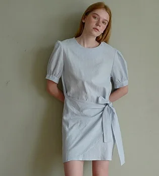 

Solid Color Puff Sleeve Crew Neck Short Sleeve Side Lace-up Dress