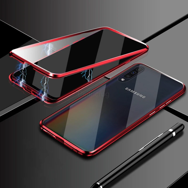 Магнитный металлический чехол для samsung Galaxy A7 A8 A9 A10 A50 A60 A70 A20 A30 A40 M10 M20 M30 M40 A80 Двусторонняя стеклянная крышка - Цвет: Red