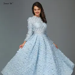 Новейший дизайн Синий Кристалл Цветы вечерние платья 2019 в мусульманском стиле с длинным рукавом модные вечерние платья Serene Hill LA60905