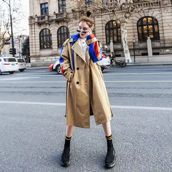 

Windbreaker women's 2019 new Korean version of the design fake two pieces of color matching slim long bf weather-all coat