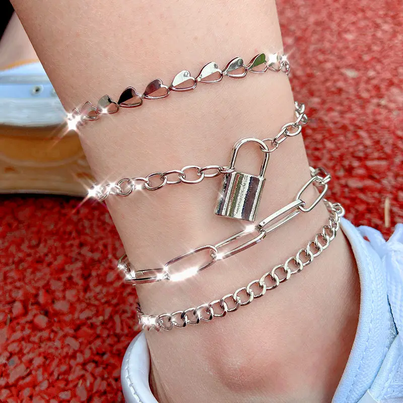 Flatfoosie Creative Hollow Heart-shaped Anklet Bracelet For Women Silver Color Stainless Steel Thick Anklet Personality Jewelry Flatfoosie Creative Hollow Heart-shaped Anklet Bracelet For Women Silver Color Stainless Steel Thick Anklet Personality Jewelry