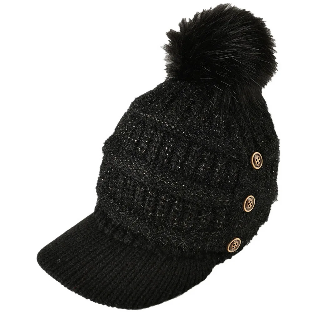 Autumn And Winter Female Warm Hat Beanies Cap With Visor Women Skullies Acrylic Button Hairball Plus Velvet Warm Soft Knitting 2