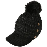 Autumn And Winter Female Warm Hat Beanies Cap With Visor Women Skullies Acrylic Button Hairball Plus Velvet Warm Soft Knitting 2