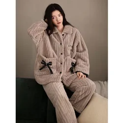 Pajamas Set Women Winter Coral Fleece 2 Pieces/Sets Thick Warm Homewear Soft Comfortable Loose Casual Sleepwear