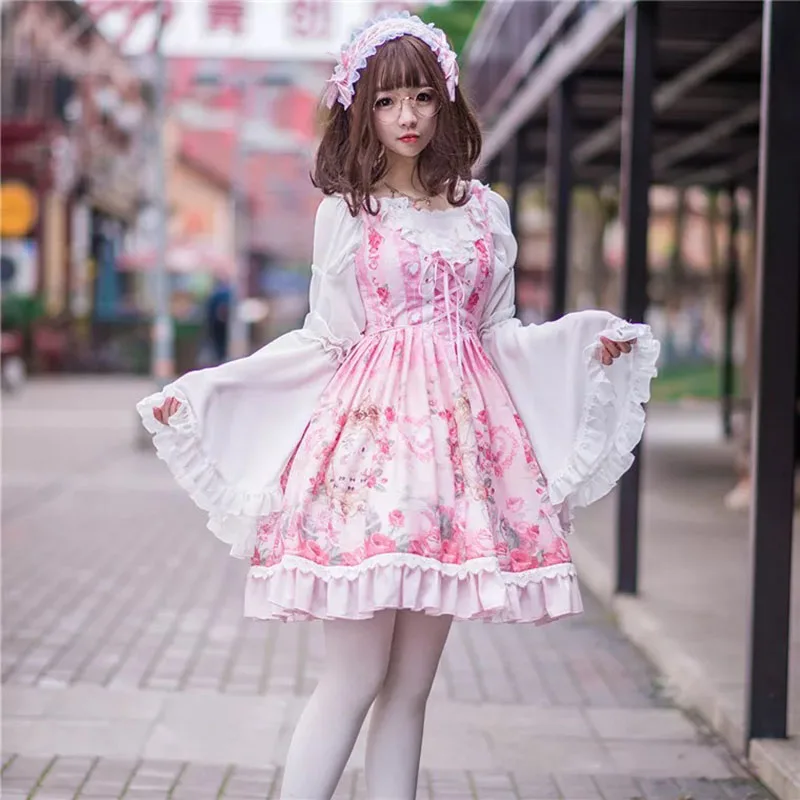 Lolita Blouses Ladies Sweet Lolita Lace Blouse Neverland Chiffon Loose Layered Crop Tops Victoria Costume Long Bell Sleeves For Women Oversize