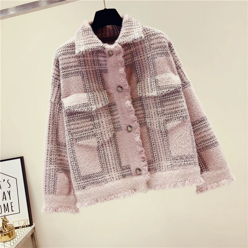 pink Имитация норки бархатное короткое пальто синий клетчатый женский свитер осенний и зимний плюс толстый свободный ленивый - Цвет: pink