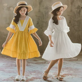 

Girls 2020 New Pure Cotton Side Princess Big Children Spring and Summer Jacquard Middle Sleeves Swing Long Parent-child Dresses