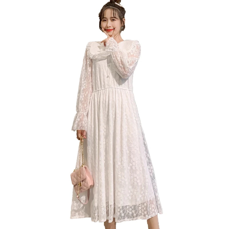 Spring Autumn Maternity Clothes Large Size Long Flare Sleeve Peter Pan Collar Pregnant Women Lace Dress Sweet Empire Dress