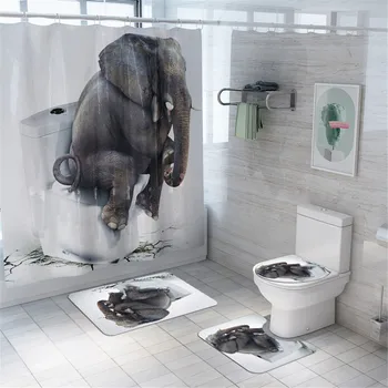 

Elephant Bath Shower Curtain Waterproof Velvet Anti-slip Bath Mat Set Toilet Cover Carpet for Kitchen Bathroom