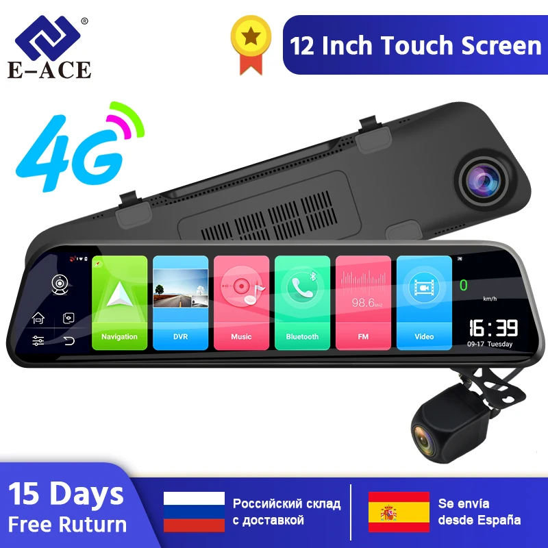 

E-ACE Car Dvr 12 Inch Streaming Rear View Mirror 4G Android GPS Navigation Dash Cam FHD 1080P Auto Registrar Video Recorder