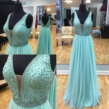 

HONGFUYU V-neck Crystals Prom Dresses 2020 A-line Tulle sukienka wieczorowa Long Dresses Evening Gowns for Party Formal Occasion